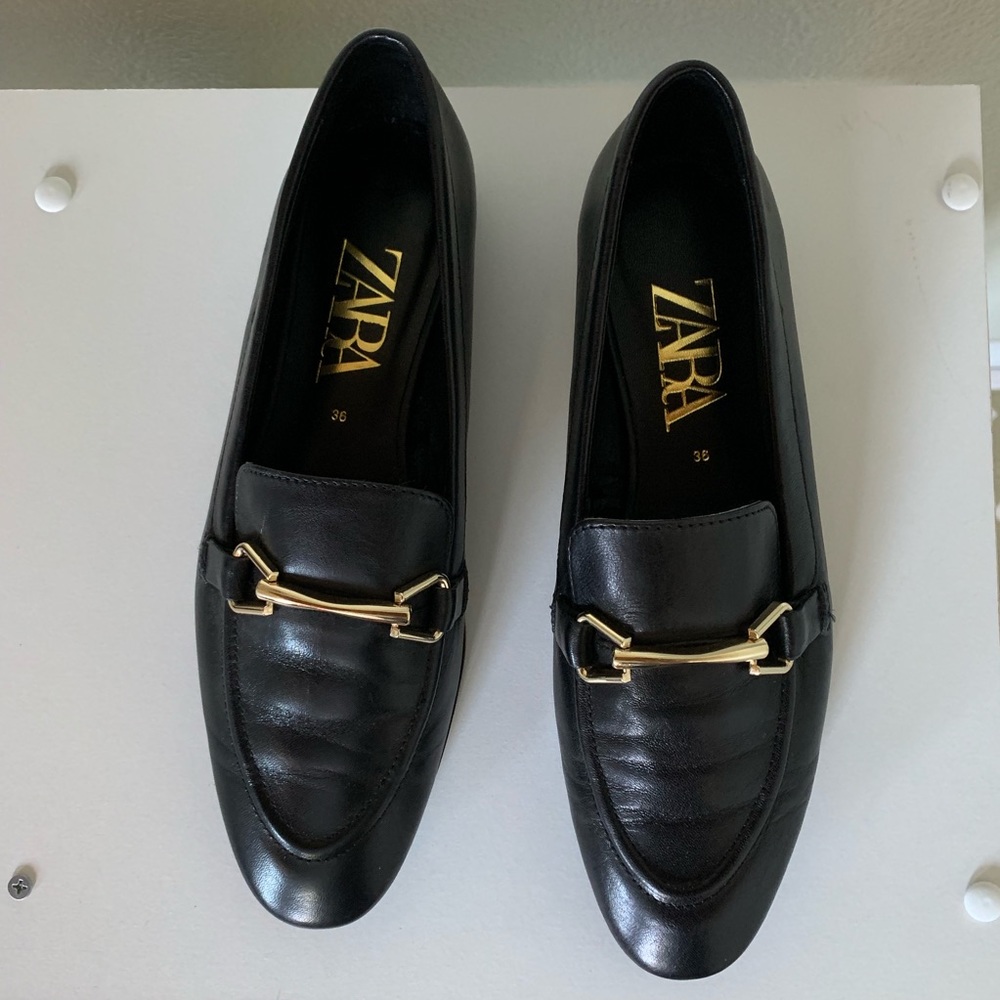 Zara Black Leather Loafers Gold Accents Size 36